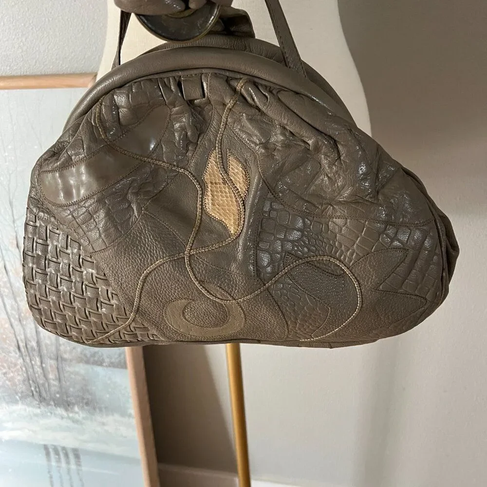 Vintage 1980s Rare Leather Patchwork Quilted Shoulder Purse‎ Lyrella taupe